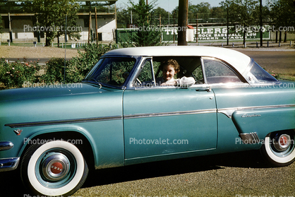 1954 Ford Crestline, two-door coupe, car, smiling woman, Little Rock Arkansas, 1950s
