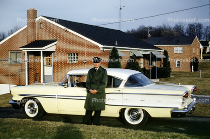 Car, Brick House, home, Military Man, Base, 1950s