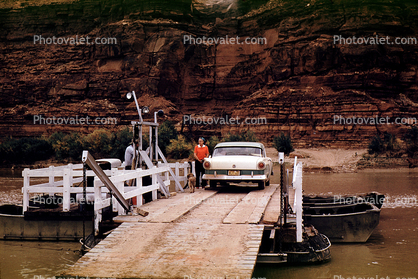The Hite Ferry, Colorado River, Cliffs, Dog, Water, Ford Fairline, Utah, September 1959, 1950s