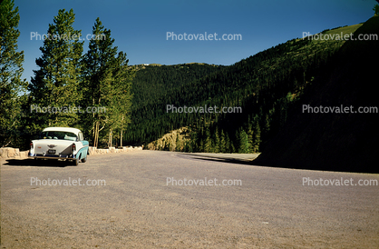 1956 Chevy Bel Air, car, trees, highway, road, 1950s