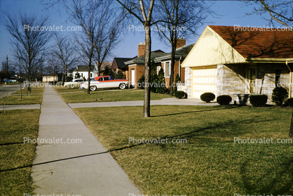 Homes, Houses, suburbia, cars, sidewalk, driveway, lawns, buildings, 1950s
