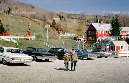 Vermont, Chair Lifts, buildings, Parked Cars, Mother and Son, 1964, 1960s