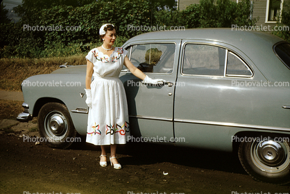 Woman, Formal Dress, 1950 Ford Custom Coupe, Car, 2-door, 1950s