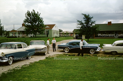 Buick Car, Chevy Bel Air, Ford, lawn, homes, suburbia, 1950s
