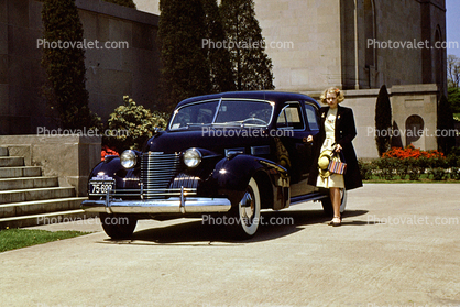1940 Cadillac, Woman, Lady, Mansion, 4-Door Sedan, 1940s