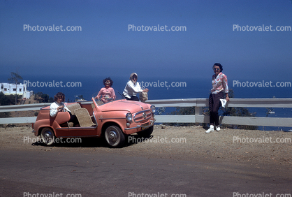 Pink Fiat Jolly, tourist rental car, Women, Avalon, Pacific Ocean, Santa Catalina Island, 1963, 1960s