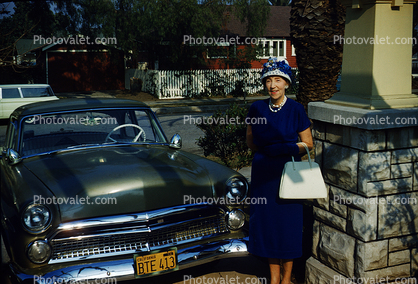 Woman with Purse, Ford Car, Hat, Smiling Lady, 1956, 1950s