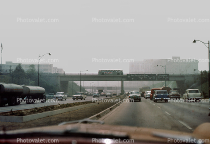 Downtown Los Angeles, Freeway, cars, Studebaker, smog, 1950s