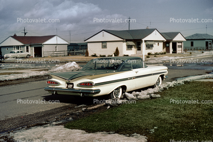 1959 Chevy Bel Air, homes, houses, snow, suburbia, 1950s