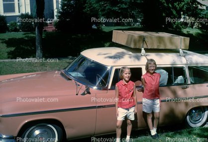 Girls, matching outfit, pants, shirt, legs, Plymouth Station Wagon, 1950s