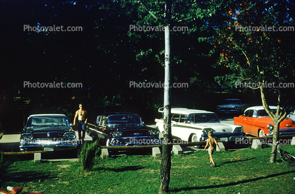 Parked Cars, Ford, Chevy, 1950s