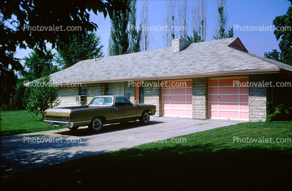 Home, House, Ford Ranchero, driveway, garage doors, roof, 1970s