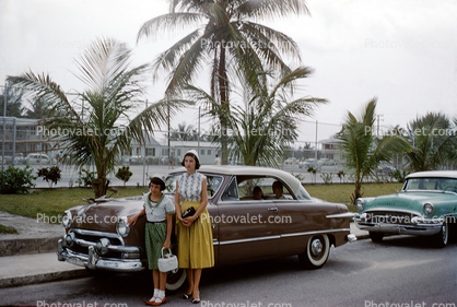Mother and Daughter, Ford Car, Oldsmobile, Palm Trees, 1950s