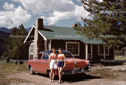 Two Ladies and their car, summer cabin, cottagecore, 1950s