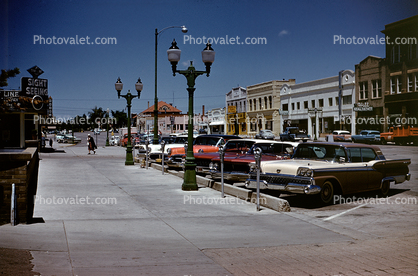 Main Street, Parked Cars, Buildings, Ford Fairlane, Parking meters, car, 1950s