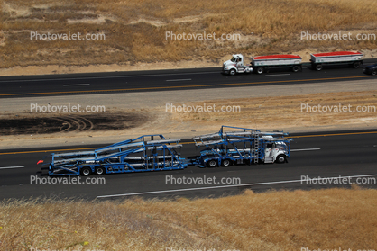 empty car carrier, tomato truck, semi, Interstate Highway I-5, near Newman