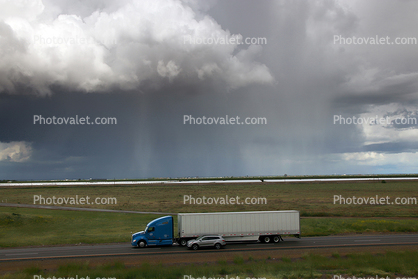 Rain Clouds, downpour, Truck, Interstate Highway I-5, near Newman