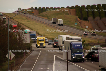 Packed with Semi Trailer Trucks, Interstate Highway I-5 offramp, near Newman