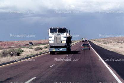 Freightliner, Interstate Highway I-40, flatbed trailer, cabover semi trailer truck, flat front
