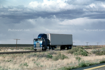 Freightliner, Interstate Highway I-40, cabover semi trailer truck, flat front