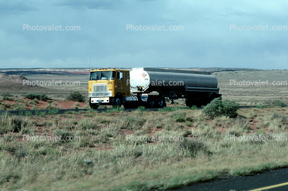 Gas Tanker Truck, Interstate Highway I-40, cabover semi trailer truck, flat front