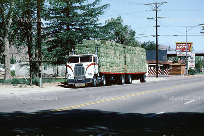 Freightliner, hay bales, Lone Pine, Owens Valley, the Trails Motel, stacks, cabover semi trailer truck, flat front