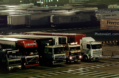 Trucks waiting, Nighttime, Night, English Channel Crossing, Dover, England, Semi-trailer truck, Semi