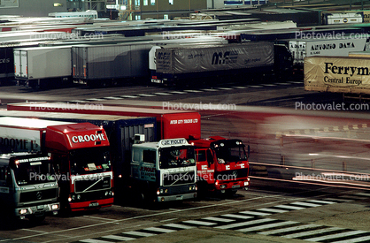 Trucks waiting, Nighttime, Night, English Channel Crossing, Dover, England, Semi-trailer truck, Semi