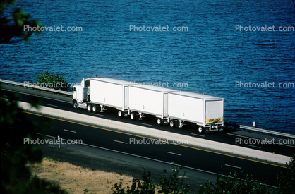 Payless truck train, Columbia River, Semi-trailer truck, Semi, Triple Trailer, Interstate I-84, Long Load