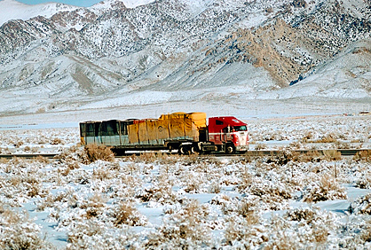 Semi Trailer Truck on Interstate Highway I-80 east of Reno
