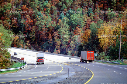 Fall Colors, Autumn, Deciduous Trees, Woodland, Highway-28, near Bryson City, Semi-trailer truck, Semi