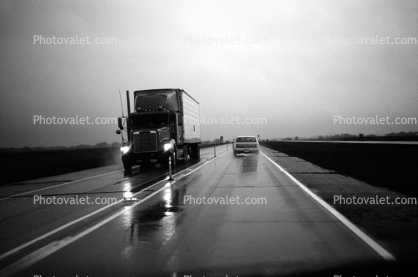 Wet Rainy Road, Highway, Evening, south of Salina, Interstate Highway I-135, Twilight, Dusk, Dawn, Semi-trailer truck, Semi