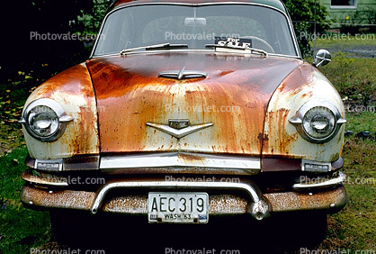 Rust and Crust completing the cycle of Dust to Dust, Rusting Car, head-on, Grayland Beaches, 1953 Kaiser Manhattan, automobile