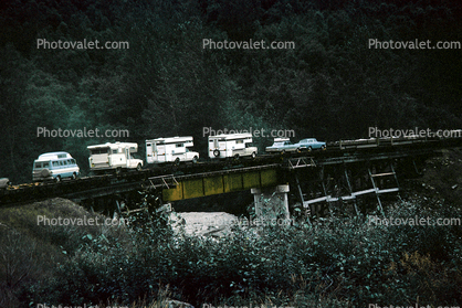 Camper Vehicles Caravan, Alaska Train, flatbed, near Skagway Alaska, August 1969
