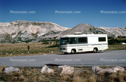 Fleetwood Flair Motorhome, Rusty Flats, Snowy Mountain Pass, Wyoming, October 1992