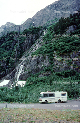 Fleetwood Flair Motorhome, waterfall, near Stewert British Columbia, October 1992