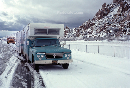 1962 Dodge 200 Pickup Truck, camper, trailer, Snow, Ice, cold, rest stop, roadside stop, 1960s