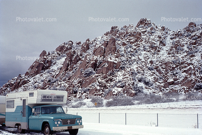 1962 Dodge 200 Pickup Truck, camper, trailer, Snow, Ice, cold, rest stop, mountain, roadside stop, 1960s
