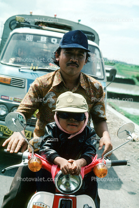 Boy, Man, Male, Father, Son, Riding, Honda, Scooter, Island of Bali, Indonesia