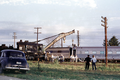 Steam Crane, daytime, daylight, Santa Fe Trainwreck, car, automobile, 1950s