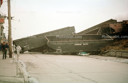 Crushed Cars, Canada Pacific, parking meters, daytime, daylight, 1950s