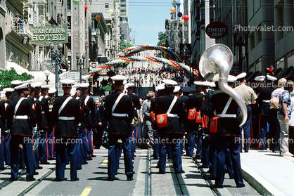 USMC Marching Band, tuba, downtown, downtown-SF, Powell Street at Union Square, CC celebration June 21 1984, 1980s