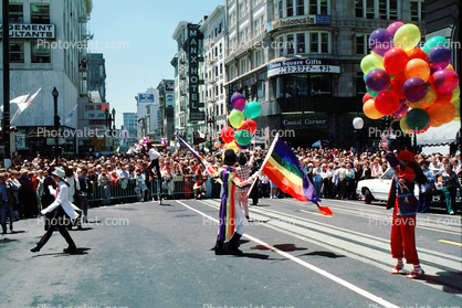 Rainbow Balloons, crowds, downtown-SF, clowns, Powell Street at Union Square, Cable Car celebration June 21 1984, 1980s