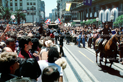 Union Square, Crowds, Celebration, Downtown, Throngs, Hoards, Packed People, downtown-SF, Powell Street, CC celebration June 21 1984, 1980s