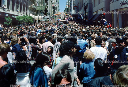 Crowds, Crowded, Girl Looking Up, Union Square, Celebration, Downtown, Throngs, Hoards, Packed People, Powell Street, downtown-SF, CC celebration June 21 1984, 1980s