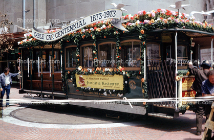 Cable Car Centennial, 1873-1973, Turntable, Turnaround, Powell Street, decorated, August 1974, 1970s