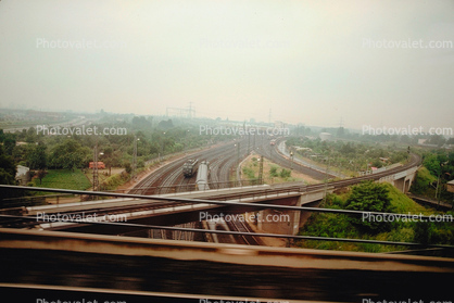 Railroad tracks, bridge, trains, Frankfurt, Germany