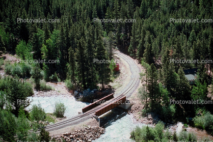 River, forest, bridge, track curve, Rocky Mountains, Colorado