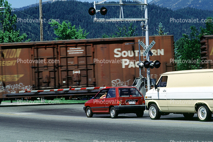 Railroad Crossing, Southern Pacific Boxcar, Caution, warning, Mount Shasta, California