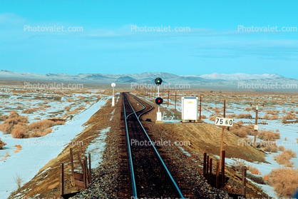 Railroad Tracks, Signal Light, Siding, Mountains, Snow, Brush, Shrub, Winter, 31 December 1992
